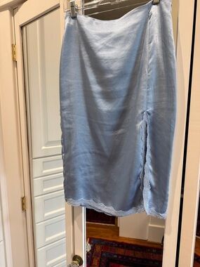 Lush Powder Blue Satin Midi Skirt with Lace Trim